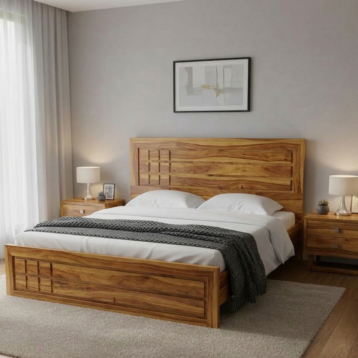 Wooden bed in a bedroom with matching nightstands and decor.
