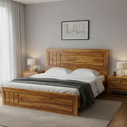 Wooden bed in a bedroom with matching nightstands and decor.