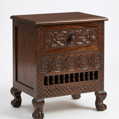 Carved wooden nightstand with intricate designs on a white background