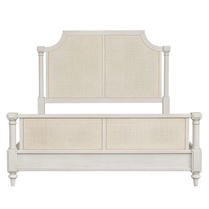 ADOUER WOOD Solid Acacia Wood Vintage Luxury White Classic Rattan Cane Bed, Without Storage