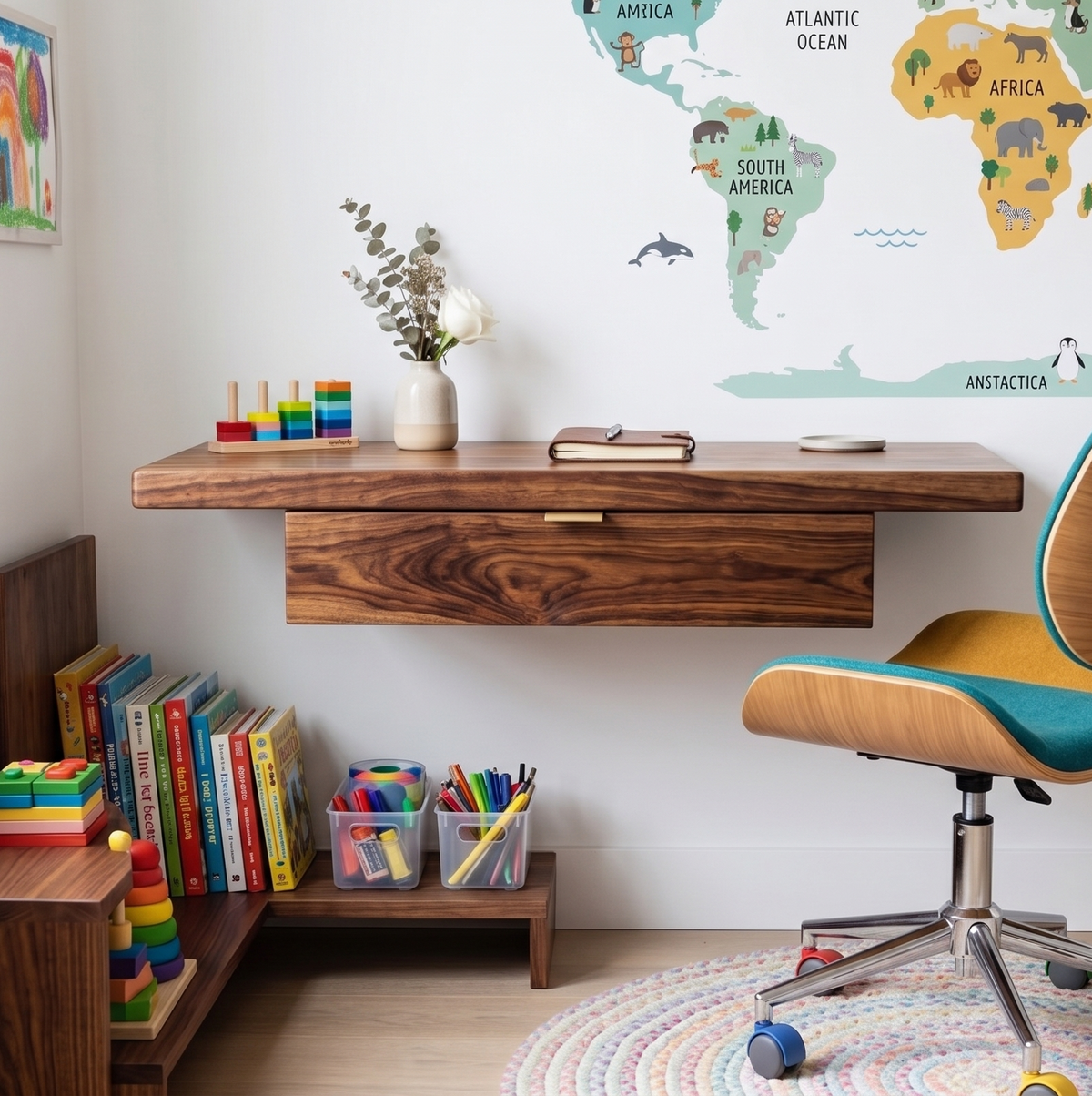 Children's study nook with wooden desk, books, and toys in a room with a world map on the wall.