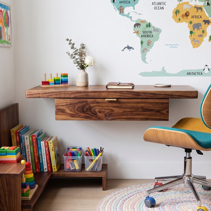 Children's study nook with wooden desk, books, and toys in a room with a world map on the wall.