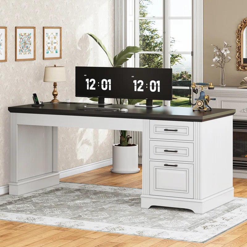 Adouer Wood Farmhouse Executive Computer Desk with 3 Storage Drawers and Built-in Power Outlet – 55" White Base & Black Top Office Desk