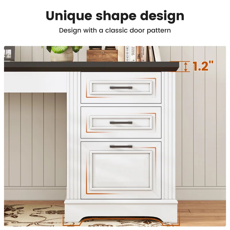 Adouer Wood Farmhouse Executive Computer Desk with 3 Storage Drawers and Built-in Power Outlet – 55" White Base & Black Top Office Desk