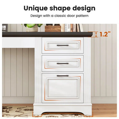 Adouer Wood Farmhouse Executive Computer Desk with 3 Storage Drawers and Built-in Power Outlet – 55" White Base & Black Top Office Desk