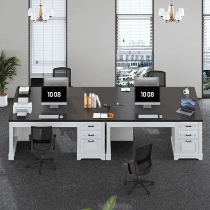 Adouer Wood Farmhouse Executive Computer Desk with 3 Storage Drawers and Built-in Power Outlet – 55" White Base & Black Top Office Desk