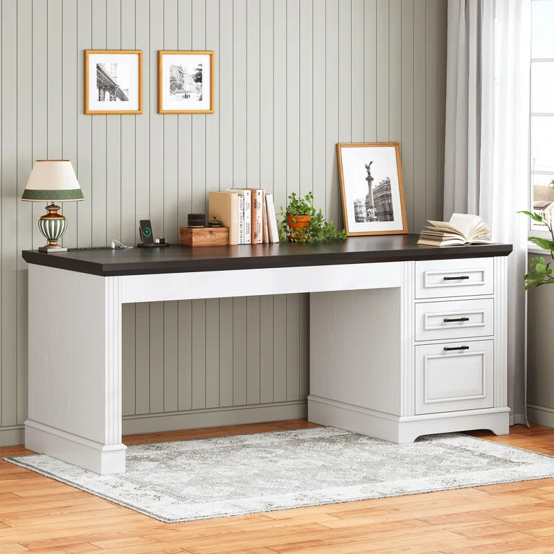 Adouer Wood Farmhouse Executive Computer Desk with 3 Storage Drawers and Built-in Power Outlet – 55" White Base & Black Top Office Desk