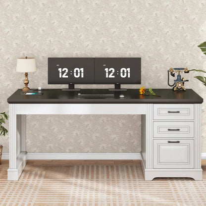 Adouer Wood Farmhouse Executive Computer Desk with 3 Storage Drawers and Built-in Power Outlet – 55" White Base & Black Top Office Desk
