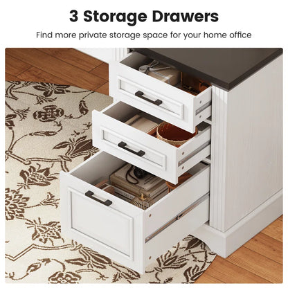 Adouer Wood Farmhouse Executive Computer Desk with 3 Storage Drawers and Built-in Power Outlet – 55" White Base & Black Top Office Desk