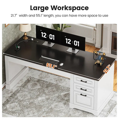 Adouer Wood Farmhouse Executive Computer Desk with 3 Storage Drawers and Built-in Power Outlet – 55" White Base & Black Top Office Desk