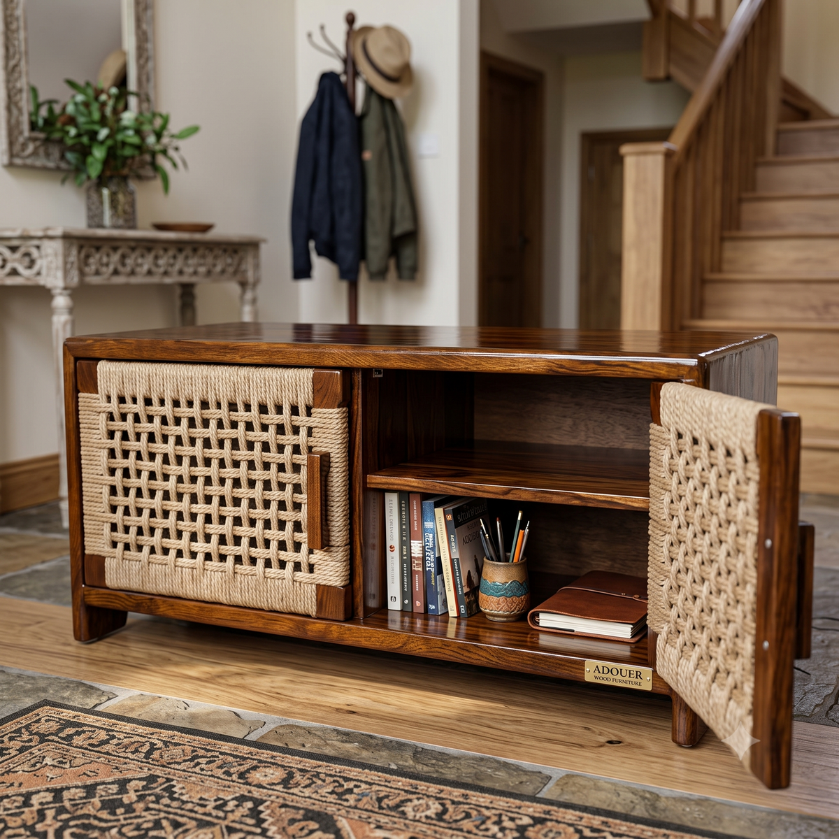 ADOUER WOOD Solid Wood TV Stand I Console Table with Woven Natural Jute/Rope Cabinet Doors