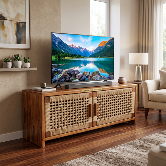 ADOUER WOOD Solid Wood TV Stand I Console Table with Woven Natural Jute/Rope Cabinet Doors