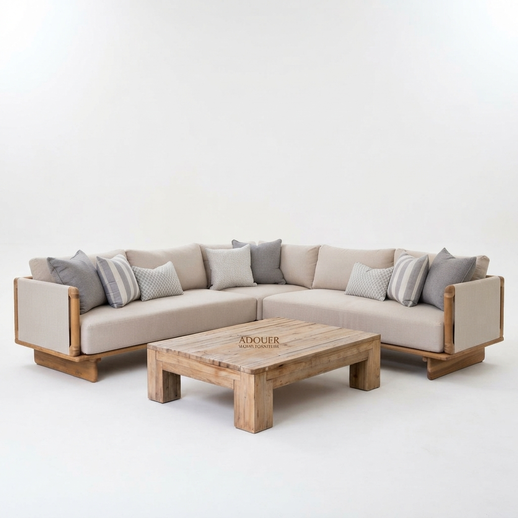 Acacia Wood Contemporary Wooden Frame L-Sectional Sofa with Plush Neutral Upholstery