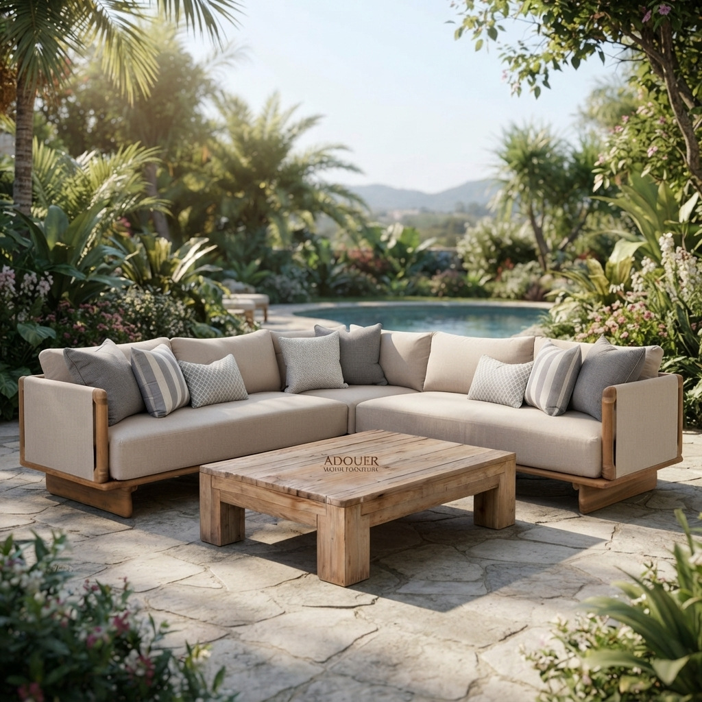 Acacia Wood Contemporary Wooden Frame L-Sectional Sofa with Plush Neutral Upholstery