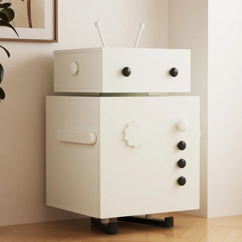 ADOUER WOOD "Robot-Themed Bedside Table with Playful Drawer Knobs"