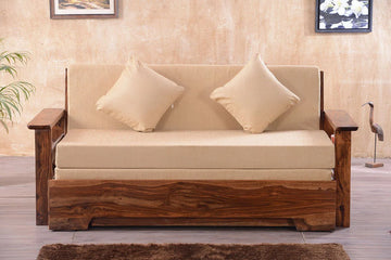 ADOUER WOOD Solid Sheesham Wood Traditional Honey Finish Sofa Cum