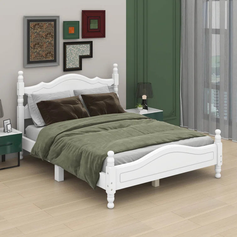 Adouer Wood Solid Sheesham Wood Retro Style Wooden Platform Bed Frame with Elegant Headboard - White Finish