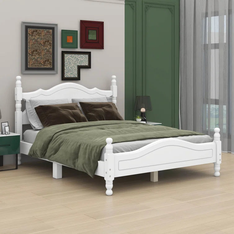 Adouer Wood Solid Sheesham Wood Retro Style Wooden Platform Bed Frame with Elegant Headboard - White Finish