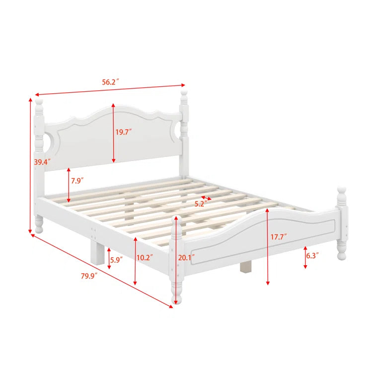Adouer Wood Solid Sheesham Wood Retro Style Wooden Platform Bed Frame with Elegant Headboard - White Finish