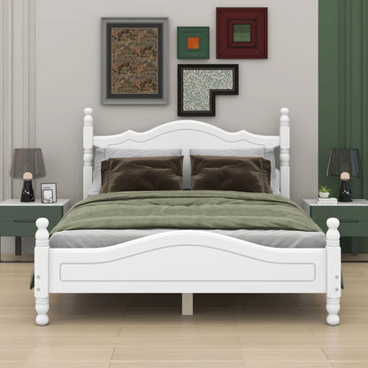 Adouer Wood Solid Sheesham Wood Retro Style Wooden Platform Bed Frame with Elegant Headboard - White Finish