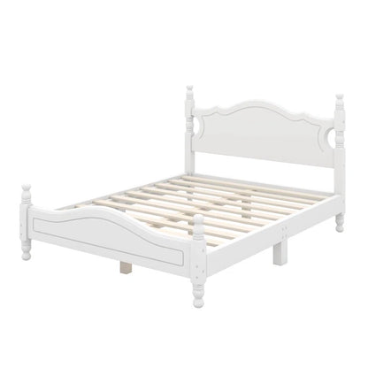 Adouer Wood Solid Sheesham Wood Retro Style Wooden Platform Bed Frame with Elegant Headboard - White Finish