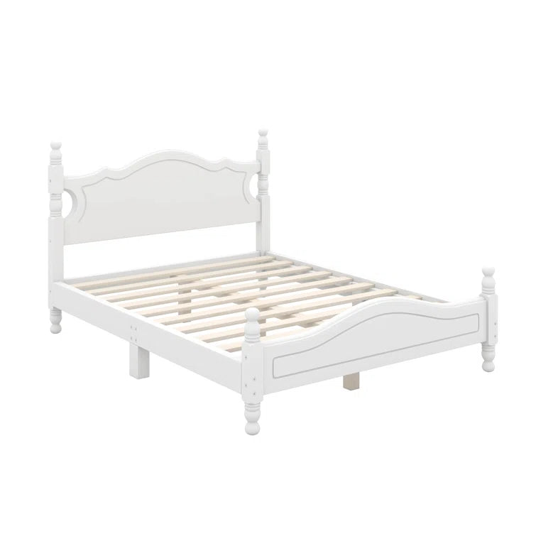 Adouer Wood Solid Sheesham Wood Retro Style Wooden Platform Bed Frame with Elegant Headboard - White Finish