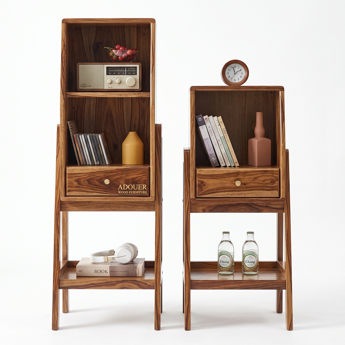 Adouer Wood Solid Wood Standing Bookshelf Unit with Storage Drawer & Bottom Shelf ( Set Of 2 Pcs ) – Mid-Century Modern Freestanding Display Rack & Nightstand