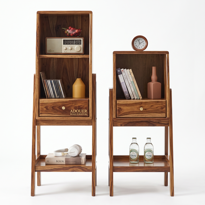 Adouer Wood Solid Wood Standing Bookshelf Unit with Storage Drawer & Bottom Shelf ( Set Of 2 Pcs ) – Mid-Century Modern Freestanding Display Rack & Nightstand