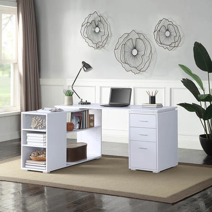 Adouer Wood "Drayten 60'' L-Shaped White Wood Office Desk with Storage Shelves and Drawers"