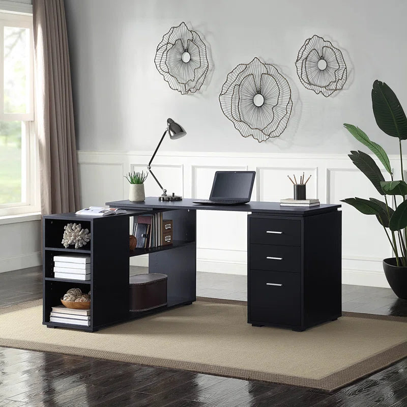Adouer Wood "Drayten 60'' L-Shaped White Wood Office Desk with Storage Shelves and Drawers"