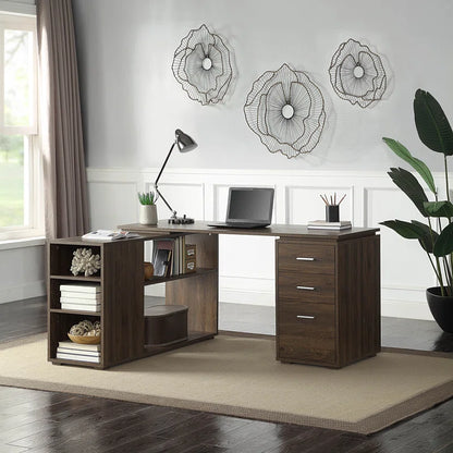 Adouer Wood "Drayten 60'' L-Shaped White Wood Office Desk with Storage Shelves and Drawers"