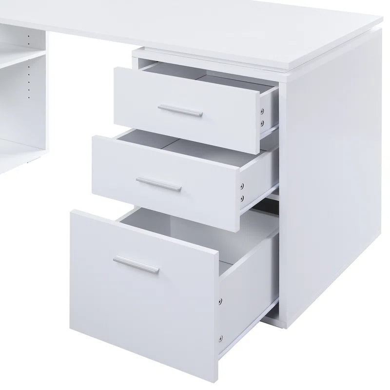 Adouer Wood "Drayten 60'' L-Shaped White Wood Office Desk with Storage Shelves and Drawers"