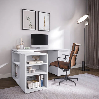 Adouer Wood "Drayten 60'' L-Shaped White Wood Office Desk with Storage Shelves and Drawers"