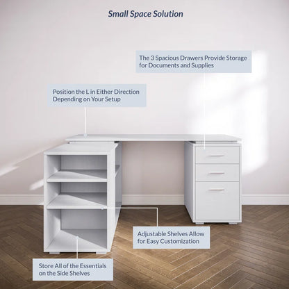 Adouer Wood "Drayten 60'' L-Shaped White Wood Office Desk with Storage Shelves and Drawers"