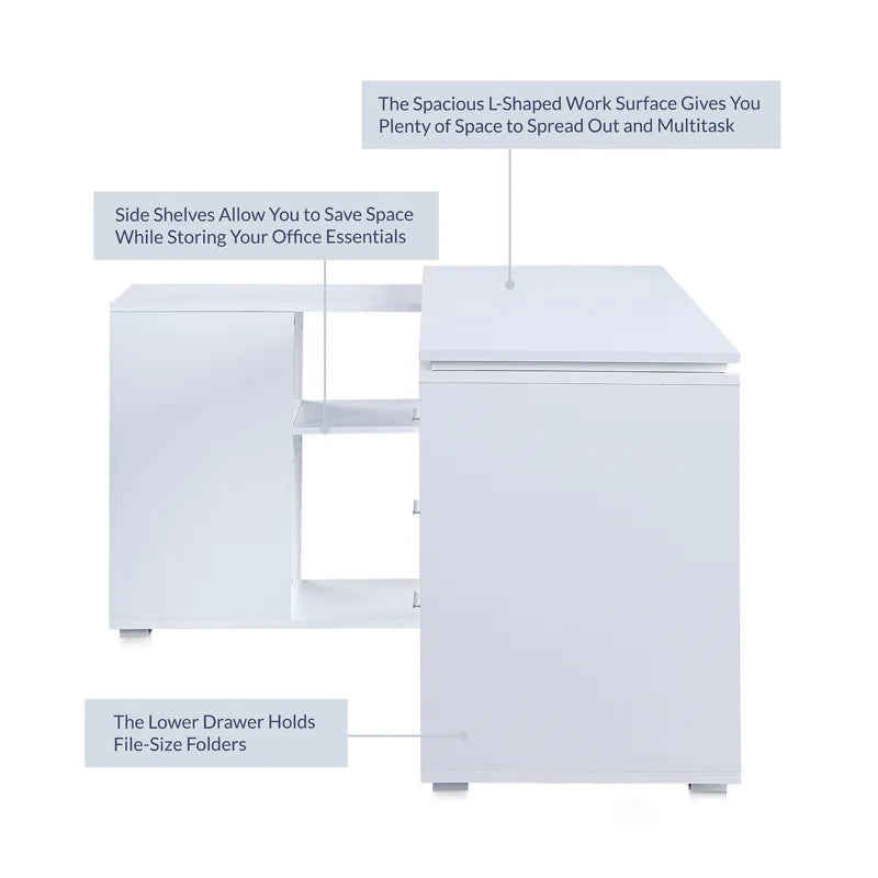 Adouer Wood "Drayten 60'' L-Shaped White Wood Office Desk with Storage Shelves and Drawers"