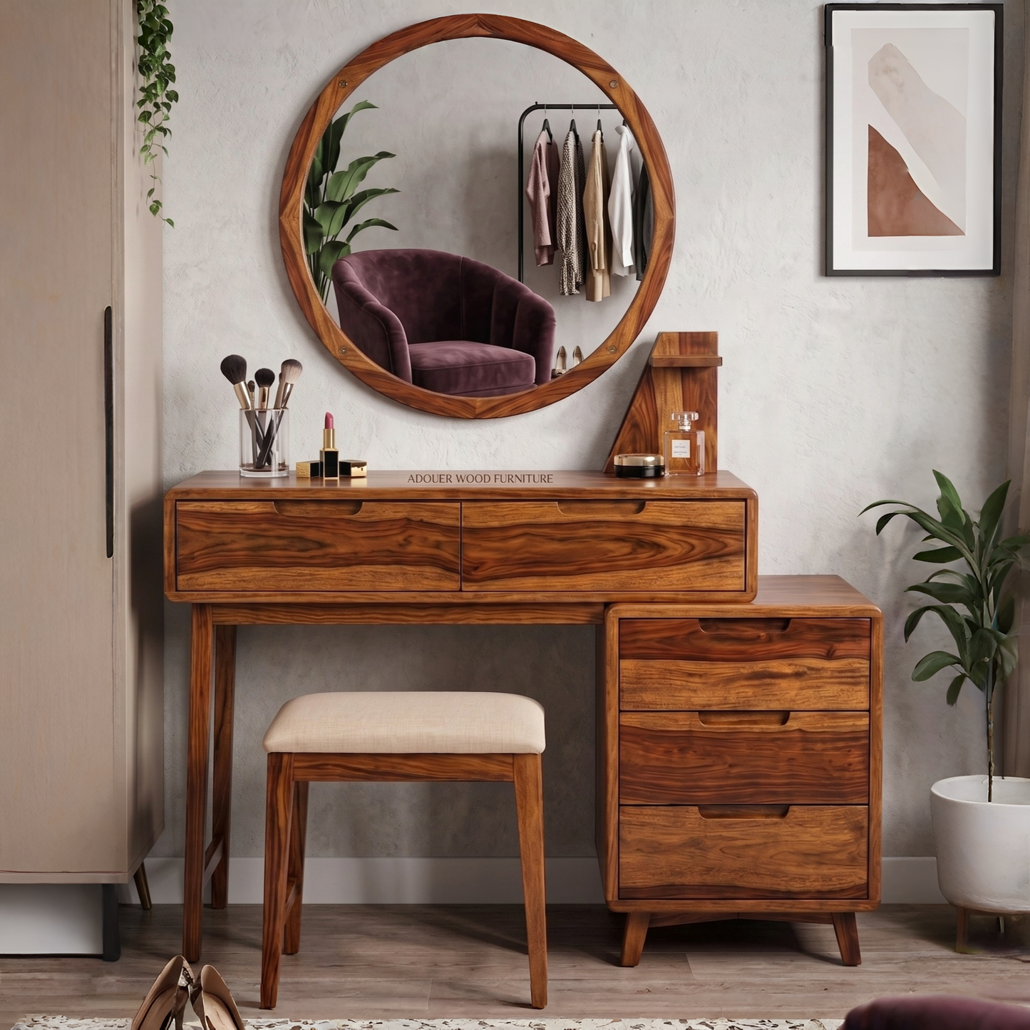 ADOUER WOOD FURNITURE Solid Sheesham Wood Dressing Table Set with Large Round Mirror, Cushioned Stool & 5 Storage Drawers for Bedroom