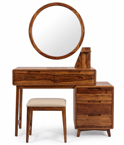 ADOUER WOOD FURNITURE Solid Sheesham Wood Dressing Table Set with Large Round Mirror, Cushioned Stool & 5 Storage Drawers for Bedroom