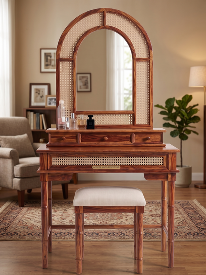 Solid Sheesham Wood Dressing Table with Arched Rattan Mirror & Cushioned Stool