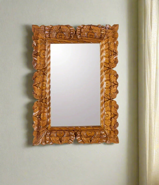 ADOUER WOOD Luxuries Acacia Wood Hand Carved Wall Mirror (Natural)