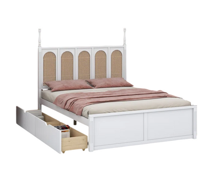 ADOUER WOOD Sheesham Wood White Classic Rattan Cane Bed, Trolley Storage Bed