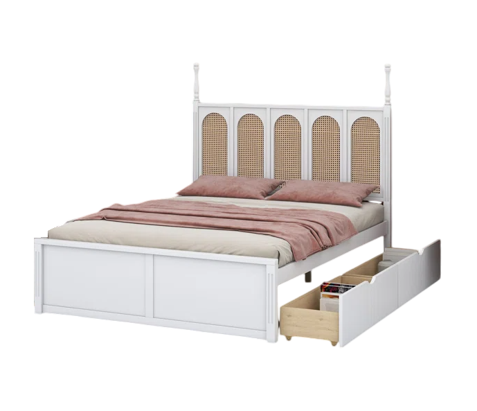 ADOUER WOOD Sheesham Wood White Classic Rattan Cane Bed, Trolley Storage Bed