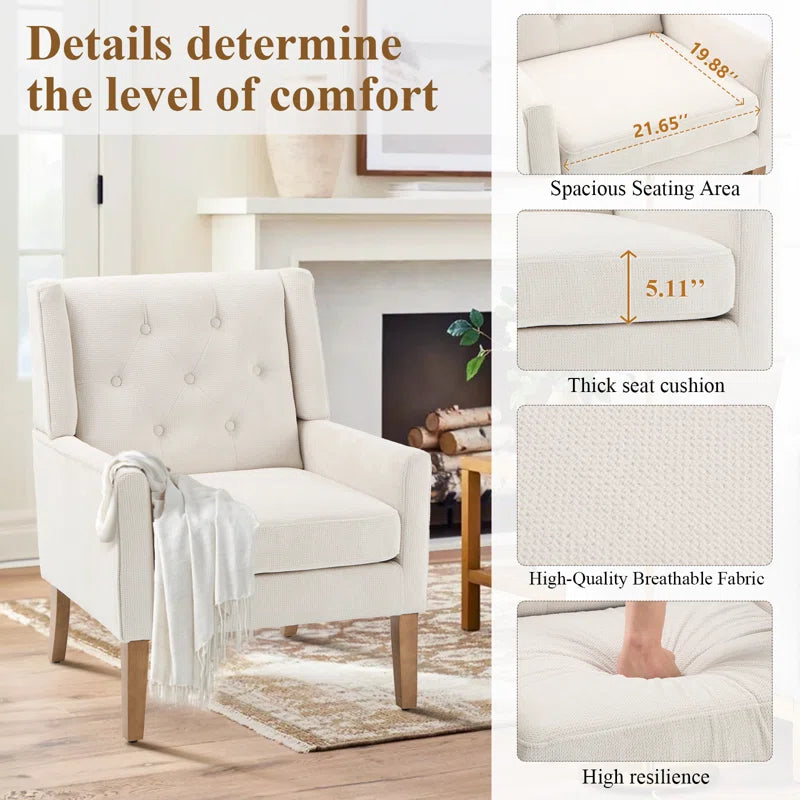 ADOUER WOOD Solid Wood Frame Upholstered Arm Chair, Beige