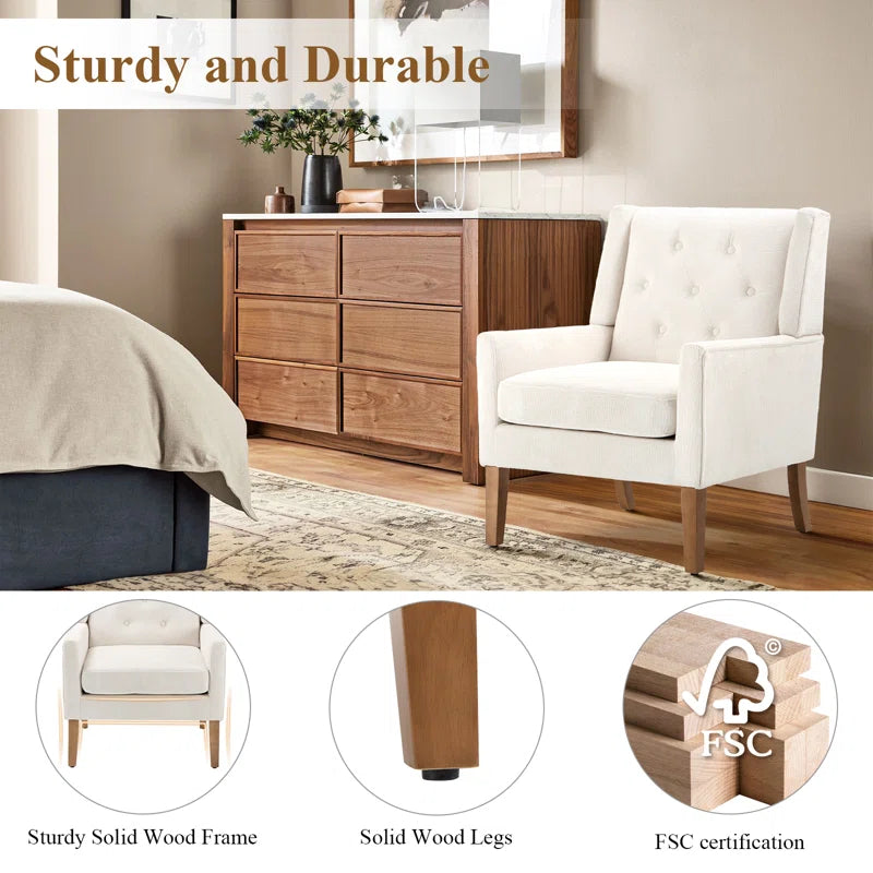 ADOUER WOOD Solid Wood Frame Upholstered Arm Chair, Beige