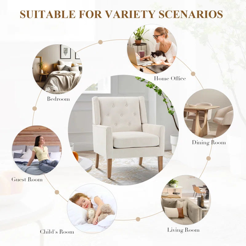 ADOUER WOOD Solid Wood Frame Upholstered Arm Chair, Beige