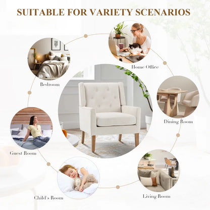 ADOUER WOOD Solid Wood Frame Upholstered Arm Chair, Beige