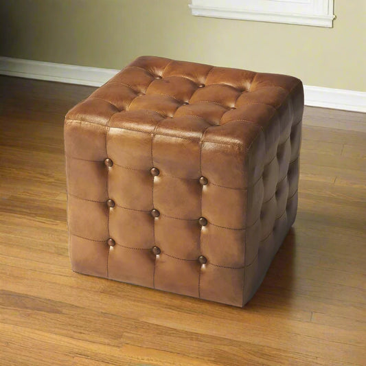 ADOUER WOOD Cube Shape Tufted Brown Leatherette Ottoman