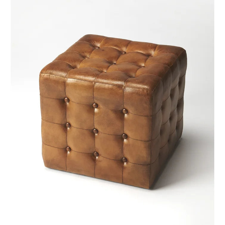 ADOUER WOOD Cube Shape Tufted Brown Leatherette Ottoman