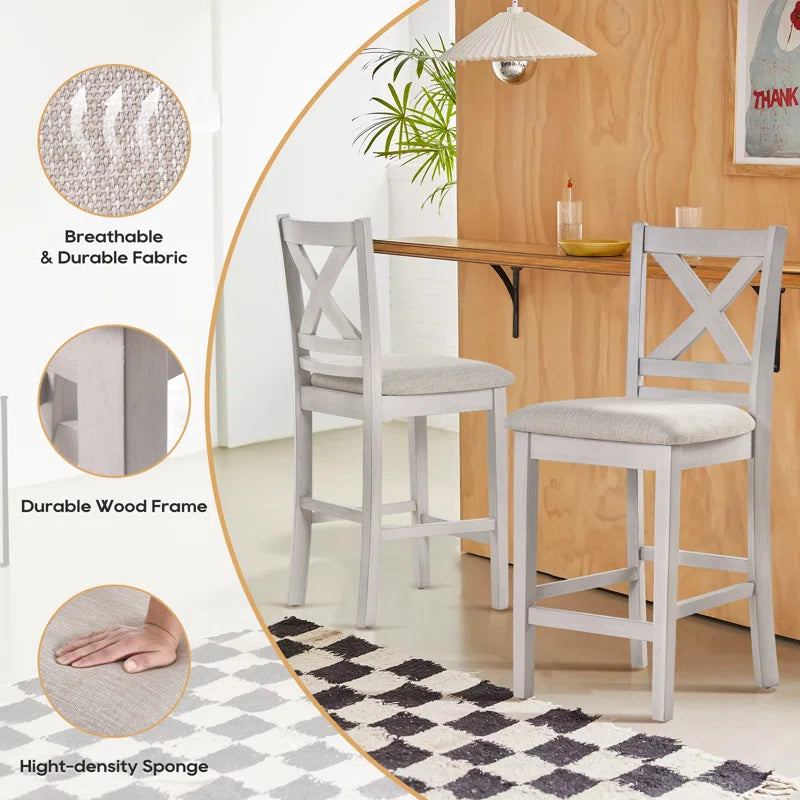 Adouer Wood "Set of 2 Gray White Solid Sheesham Wood Cross  Bar Chairs with Cushioned Seats"