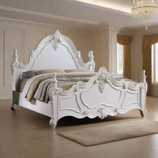 ADOUER WOOD Luxurious Maharaja Hand Carved Sheesham Wood White Designer Bed (Without Storage)