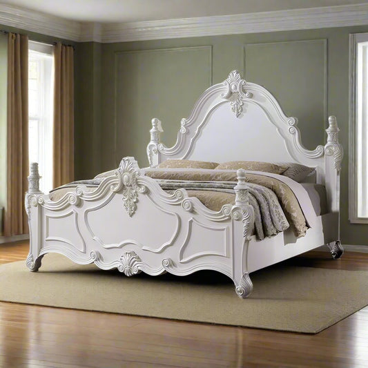 ADOUER WOOD Luxurious Maharaja Hand Carved Sheesham Wood White Designer Bed (Without Storage)